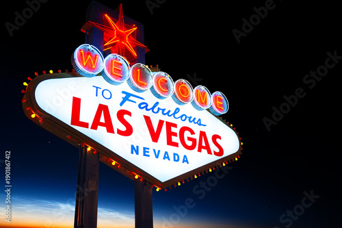 Welcome to Fabulous Las Vegas Sign. Logo Removed. The beautiful sunset sky in the background.