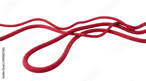 Red braided rope loop with loose ends, isolated on white background