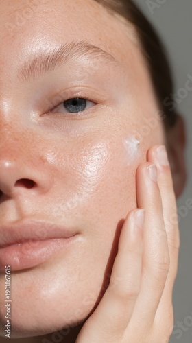 A young woman applying skincare cream on her cheek, looking directly at the camera, soft natural window light, glowing smooth skin, minimal modern bathroom, shallow depth of field.
