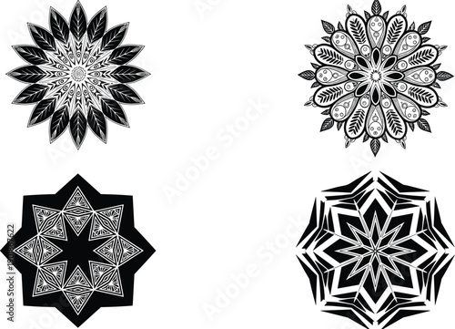 Geometric mandala ornament collection with floral symmetry patterns, abstract decorative black and white vector set