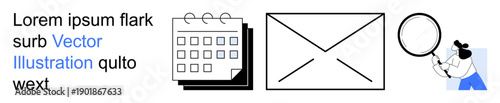 Organization, scheduling, communication, research, email services, teamwork. A calendar, an envelope and a magnifying glass. Organization and communication concepts visually
