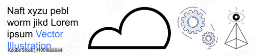 Cloud storage, technology, innovation, artificial intelligence, vision, teamwork. A cloud icon, gears an abstract eye and pyramid. Cloud storage and technology concepts for modern frameworks