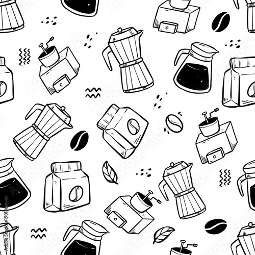 Seamless Pattern Coffee and Barista Doodle Illustration 