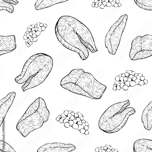 Seamless pattern of tuna fish and fish roe in hand-drawn style