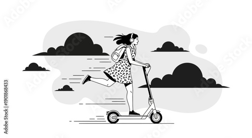 A young woman with headphones rides an electric scooter through a stylized cloudy sky.