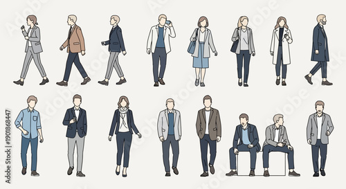 A collection of diverse individuals depicted in a clean, minimalist illustration style, showcasing various poses and casual attire.