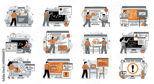 Illustrations depicting software development, coding, and web design processes with people interacting with screens and code.