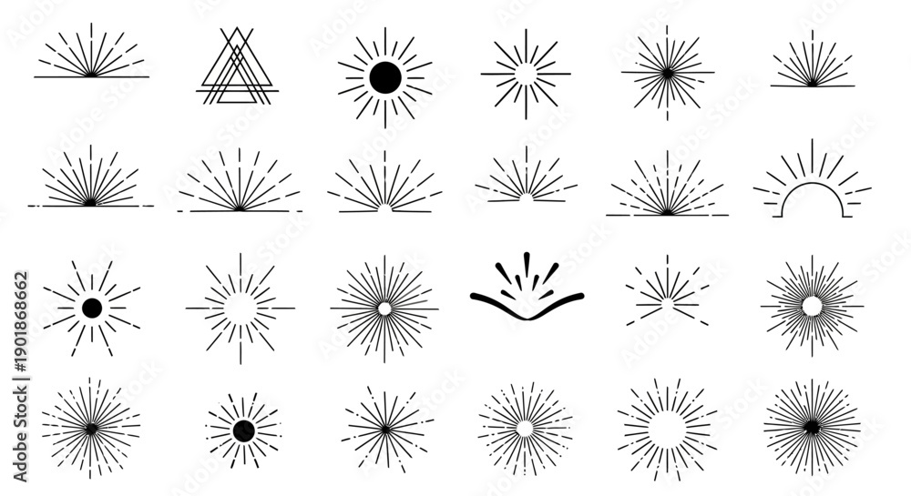 Εκτύπωση καμβά Collection of black and white line art sunburst and starburst designs, featuring various styles and patterns, ideal for graphic resources and decorative elements