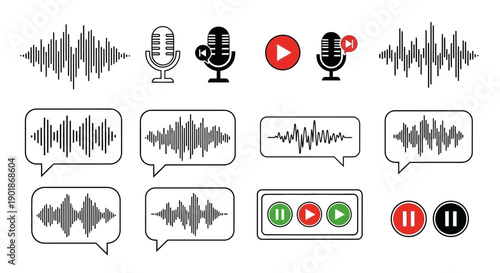 Collection of audio sound wave, microphone, and media player icons for recording and playback applications.