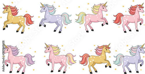 Cute unicorn collection pastel rainbow mane isolated white background flat vector illustration set