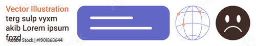 Online communication, global connections, emotions, interface design, societal commentary, user feedback. Rectangular bar, globe outline and sad face icon. Communication and global connections