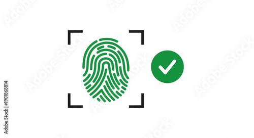 A green fingerprint icon within a scanning frame next to a green checkmark, symbolizing successful biometric authentication and security.