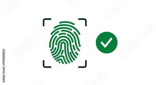 Green fingerprint icon within a scanning frame next to a green checkmark, symbolizing successful biometric authentication and security.