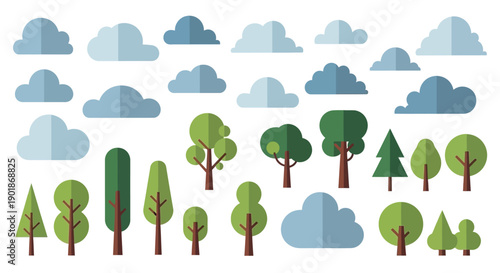 A collection of flat design vector illustrations featuring various shapes of green trees and blue clouds against a white background.