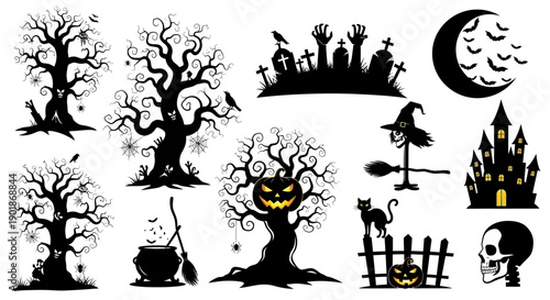Collection of spooky Halloween silhouettes including haunted trees, graveyard, witch's items, castle, and skull.