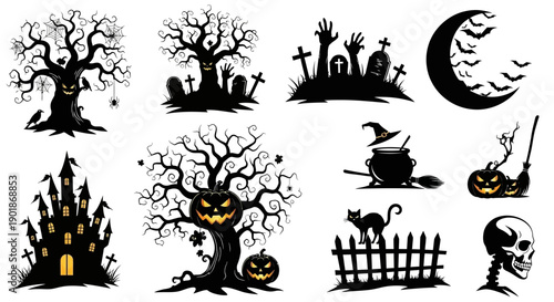 A collection of spooky Halloween silhouettes featuring haunted trees, graveyards, castles, witches, pumpkins, bats, and skulls.