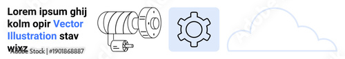 Stylized gear and cloud next to a schematic cylindrical wheel. Ideal for technology, innovation, automation, engineering, cloud computing, industrial process, simple landing page