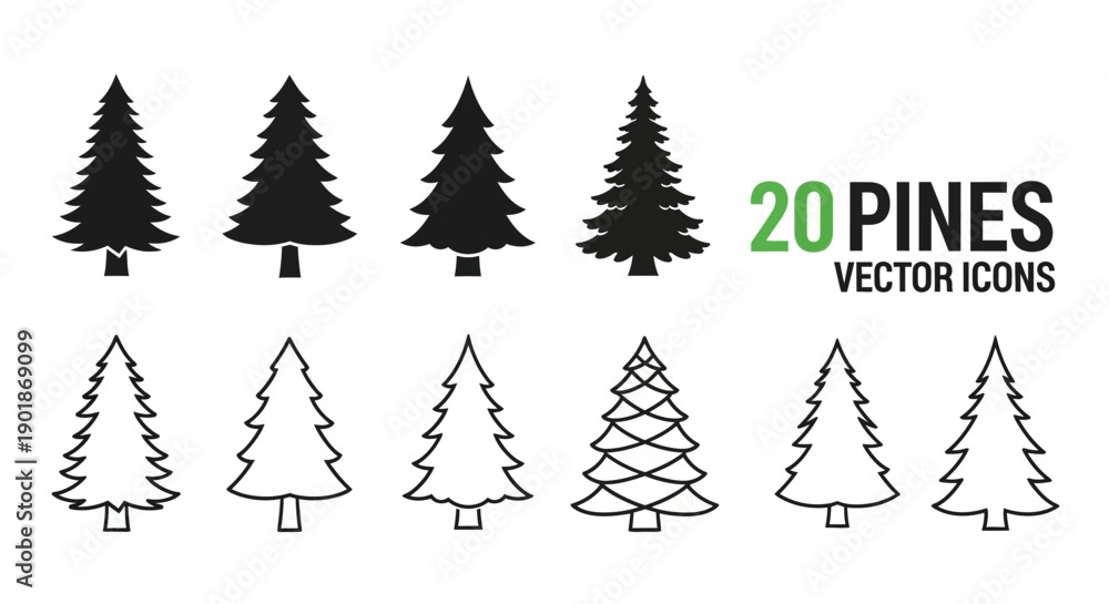 Obraz premium Collection of black solid and outline pine tree vector icons on a white background, showcasing various shapes and styles for graphic design.