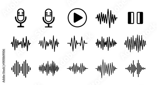 Collection of black and white audio icons featuring microphones, play and pause buttons, and various sound wave visualizations.
