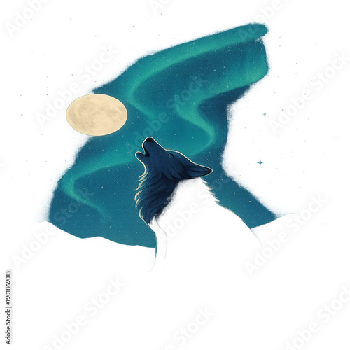 elegant moonlit wolf, wolf howling, glowing aurora arc, aurora borealis, moonlight illustration, mystical wolf, fantasy wildlife art, nocturnal scene, celestial sky, northern lights art, ethereal illu