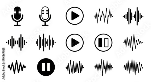 Collection of audio interface icons including microphones, play/pause buttons, and various sound wave visualizations.