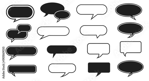 Collection of various black and white speech bubbles and chat boxes with different shapes and outlines.