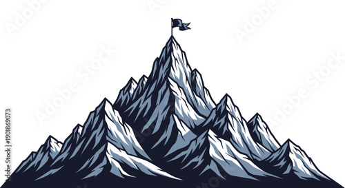 A majestic, snow-capped mountain range with a flag proudly planted on its highest peak, symbolizing achievement and challenge.