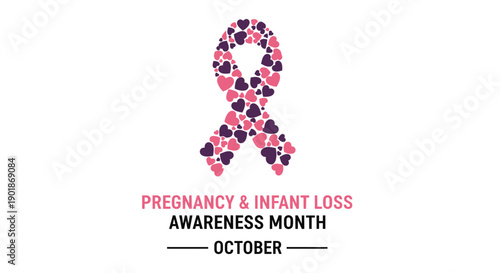 Pregnancy and Infant Loss Awareness Month October ribbon made of pink and purple hearts on a white background.