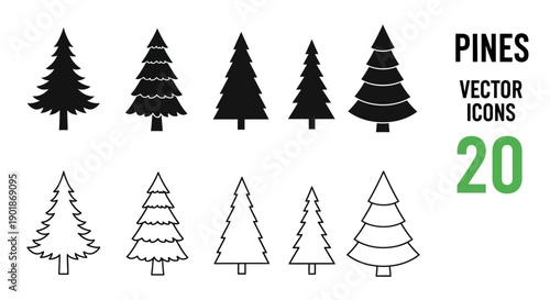 Set of ten black and outline pine tree vector icons for various design purposes, including Christmas and nature themes.