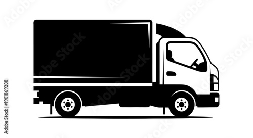 A black and white vector illustration of a delivery truck, side view, representing logistics and freight.