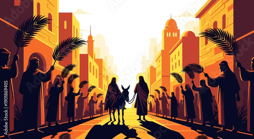 Silhouettes of people waving palm branches as Jesus enters Jerusalem on a donkey, a religious procession.