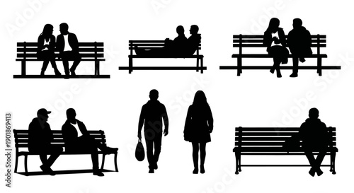 Silhouettes of people sitting on benches and standing, depicting various social interactions and solitary moments in public spaces.
