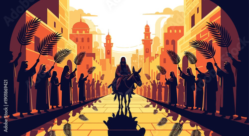 A stylized illustration of a figure riding a donkey into an ancient city, greeted by a crowd waving palm branches, reminiscent of Palm Sunday.