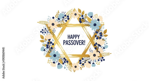 A festive illustration for Passover featuring a golden Star of David surrounded by a beautiful floral wreath with blue and gold flowers.