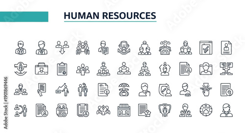Collection of human resources line icons for business, management, and employment concepts, featuring various roles, processes, and organizational structures.