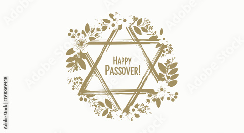 A golden Star of David with "Happy Passover!" text, surrounded by a delicate floral wreath on a white background, symbolizing the Jewish holiday.