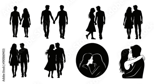 A collection of black silhouette illustrations depicting various couples in different poses, including walking, holding hands, embracing, and kissing, representing diverse relationships.