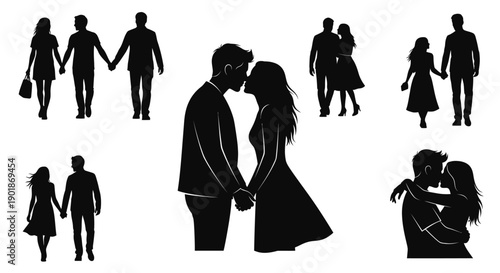 Silhouettes of romantic couples in various poses, including holding hands, walking, and kissing, symbolizing love and relationships.