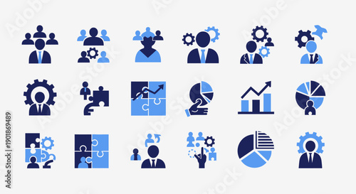 A set of business and management icons depicting teamwork, strategy, analytics, and problem-solving.