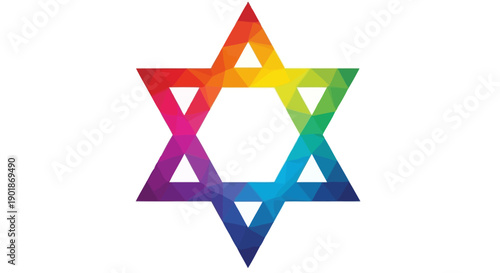 A vibrant, geometric Star of David symbol rendered in a rainbow spectrum of colors with a low-poly design on a white background.