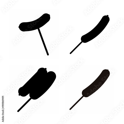 Four stylized hot dogs on sticks positioned in different orientations