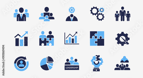 A collection of business and management icons representing teamwork, leadership, strategy, growth, and data analysis concepts.