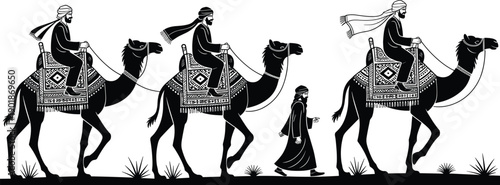 Arab camel caravan silhouette illustration with travelers walking desert route, traditional Middle Eastern culture vector art