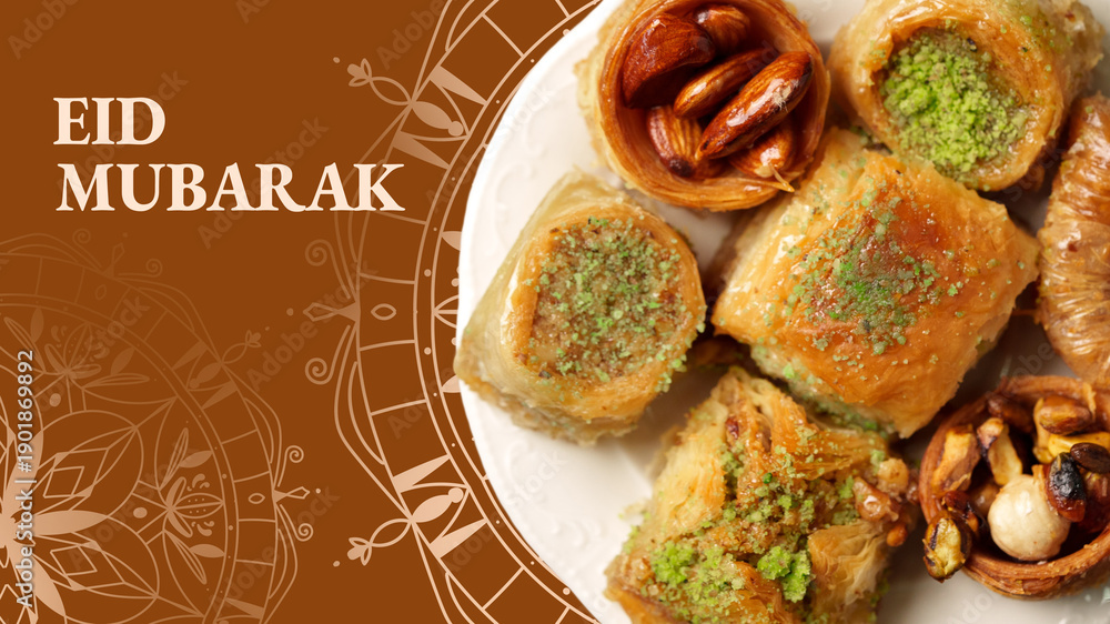 Fototapeta premium Treats for celebration during Ramadan with sweets and nuts on a plate