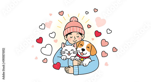 A Person Holding a Cat and Dog, Surrounded by Hearts, Illustrating Love and Companionship