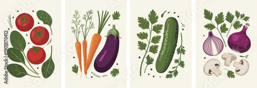 Fresh vegetables collection tomato carrot eggplant cucumber onion isolated white background vector illustration set