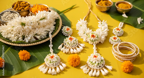 Traditional Haldi Ceremony Floral Jewelry Set with Jasmine, Marigolds, and Turmeric on Yellow Background