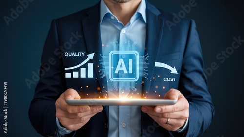 Businessman in suit holding tablet showing AI technology improving quality and lowering costs on a digital int
