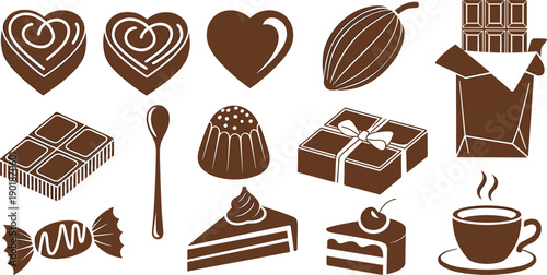 Chocolate icons, cocoa pod, candy, truffle, cake slice, coffee cup, sweet desserts, gift box, vector illustration, confectionery design, love, romance, celebration