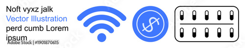 Communication, digital economy, healthcare, online transactions, connectivity, and pharmaceutical solutions. wireless icon, currency symbol and pill pack. Communication and digital economy concepts